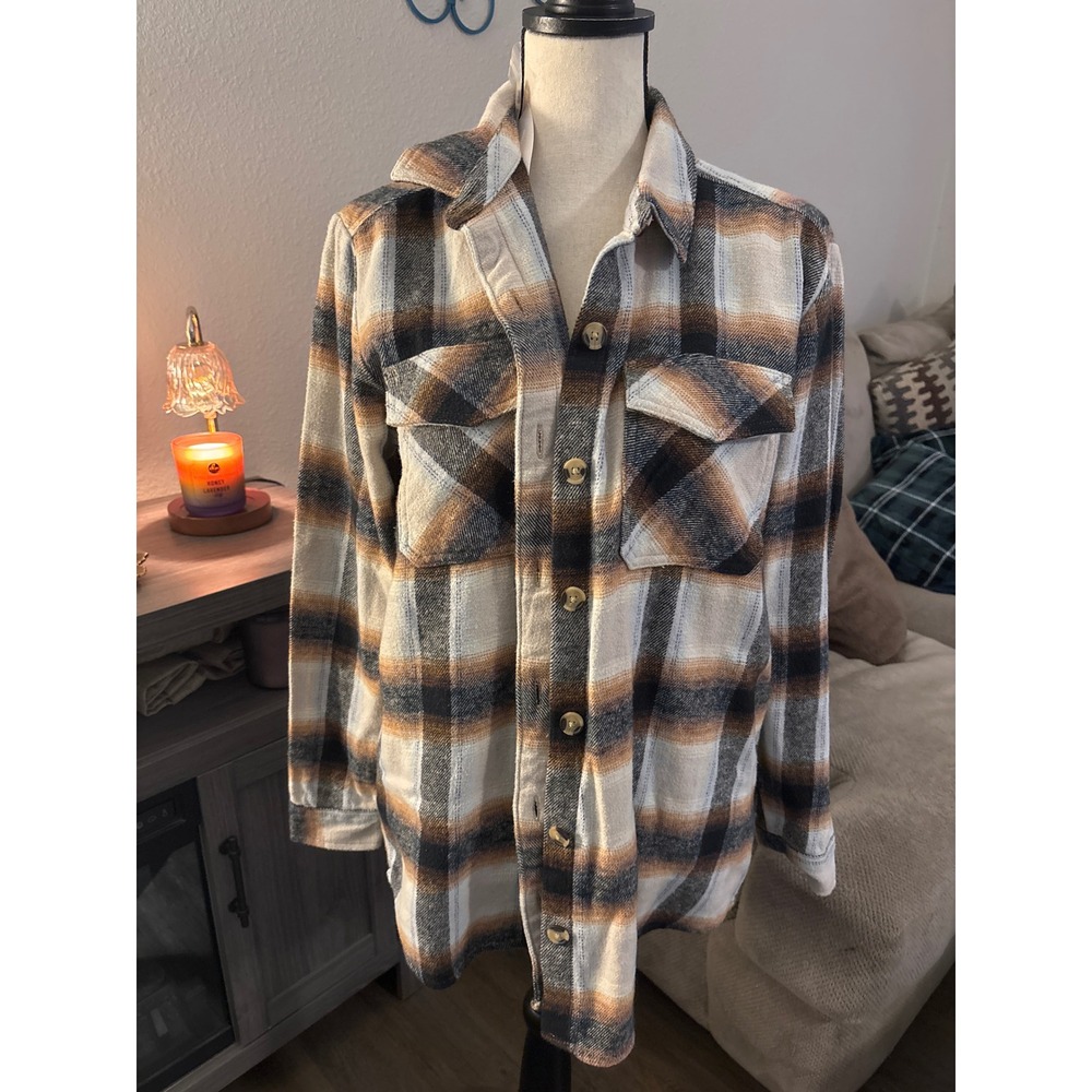 Beach Lunch Lounge NWT women's small brown plaid flannel button up cotton
